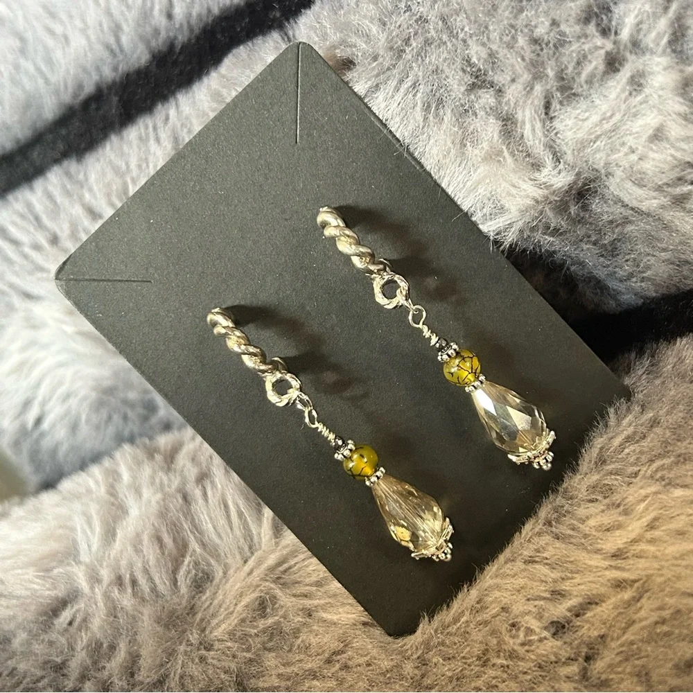 Handcrafted raindrop faceted rutilated quartz dragon vein hematite earrings